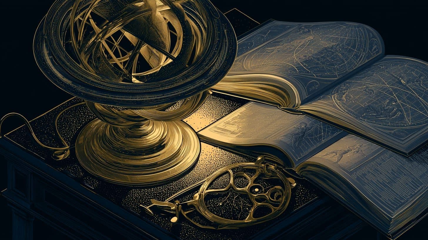 Astronomical instruments — armillary sphere, astrolabe, and charts